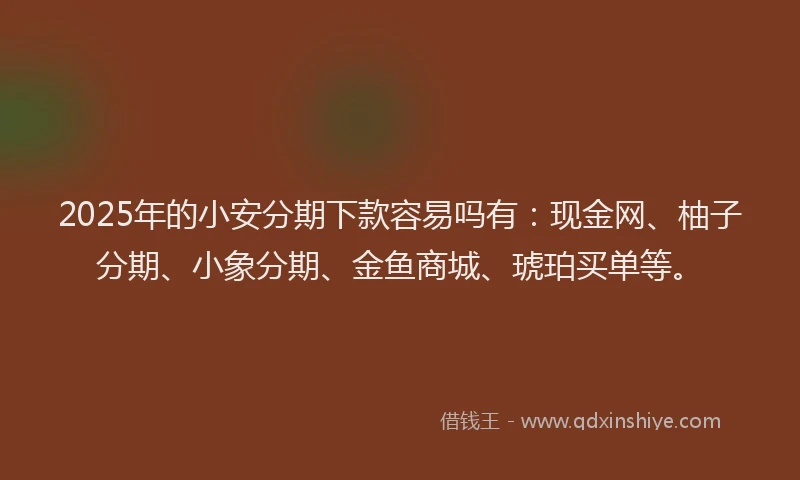2025年的小安分期下款容易吗有：现金网、柚子分期、小象分期、金鱼商城、琥珀买单等。