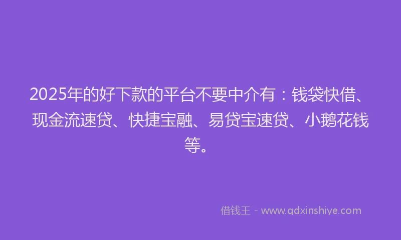 2025年的好下款的平台不要中介有：钱袋快借、现金流速贷、快捷宝融、易贷宝速贷、小鹅花钱等。