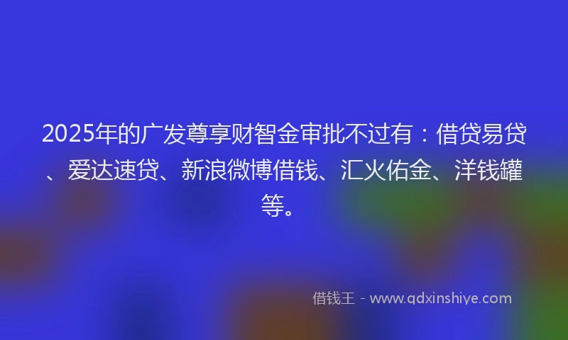2025年的广发尊享财智金审批不过有：借贷易贷、爱达速贷、新浪微博借钱、汇火佑金、洋钱罐等。