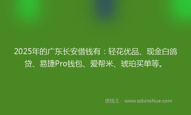 2025年的广东长安借钱有：轻花优品、现金白鸽贷、易捷Pro钱包、爱帮米、琥珀买单等。
