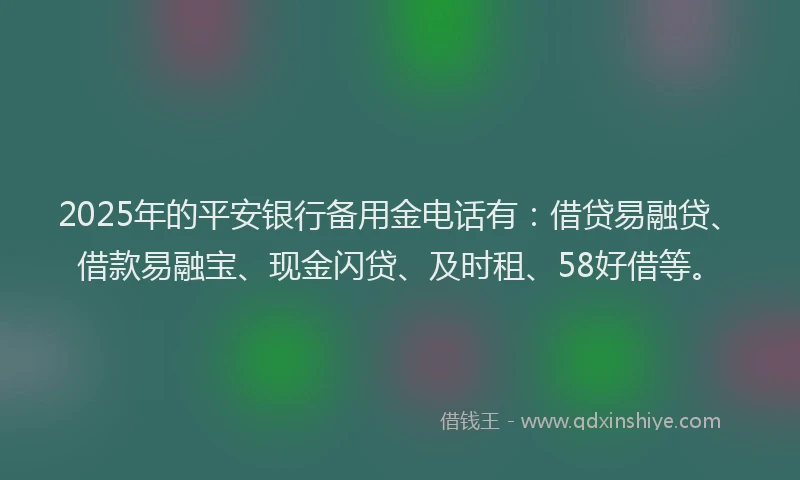 2025年的平安银行备用金电话有：借贷易融贷、借款易融宝、现金闪贷、及时租、58好借等。