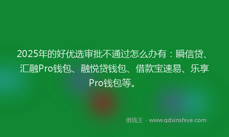 2025年的好优选审批不通过怎么办有：瞬信贷、汇融Pro钱包、融悦贷钱包、借款宝速易、乐享Pro钱包等。