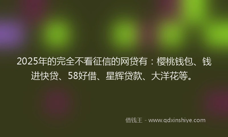 2025年的完全不看征信的网贷有：樱桃钱包、钱进快贷、58好借、星辉贷款、大洋花等。
