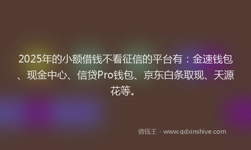 2025年的小额借钱不看征信的平台有:金速钱包、现金中心、信贷Pro钱包、京东白条取现、天源花等。