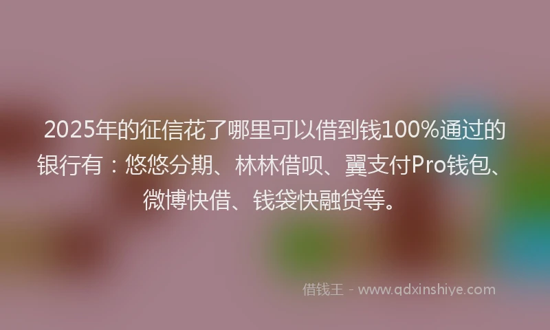 2025年的征信花了哪里可以借到钱100%通过的银行有：悠悠分期、林林借呗、翼支付Pro钱包、微博快借、钱袋快融贷等。