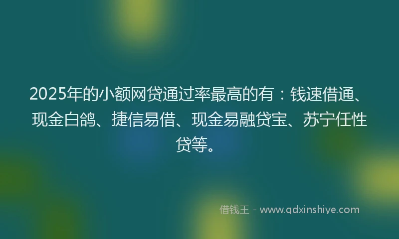 2025年的小额网贷通过率最高的有：钱速借通、现金白鸽、捷信易借、现金易融贷宝、苏宁任性贷等。