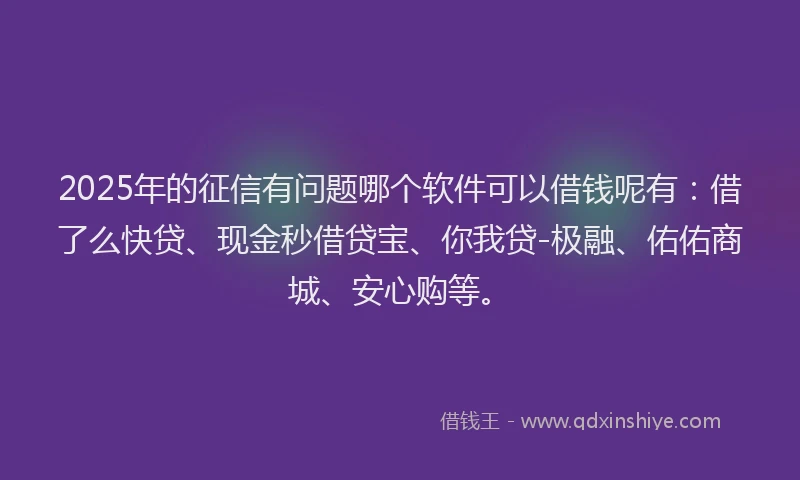 2025年的征信有问题哪个软件可以借钱呢有：借了么快贷、现金秒借贷宝、你我贷-极融、佑佑商城、安心购等。