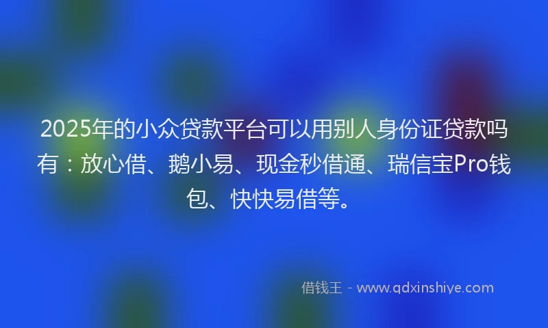 2025年的小众贷款平台可以用别人身份证贷款吗有：放心借、鹅小易、现金秒借通、瑞信宝Pro钱包、快快易借等。