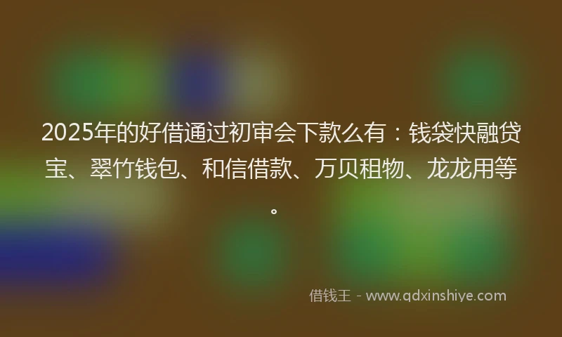 2025年的好借通过初审会下款么有：钱袋快融贷宝、翠竹钱包、和信借款、万贝租物、龙龙用等。