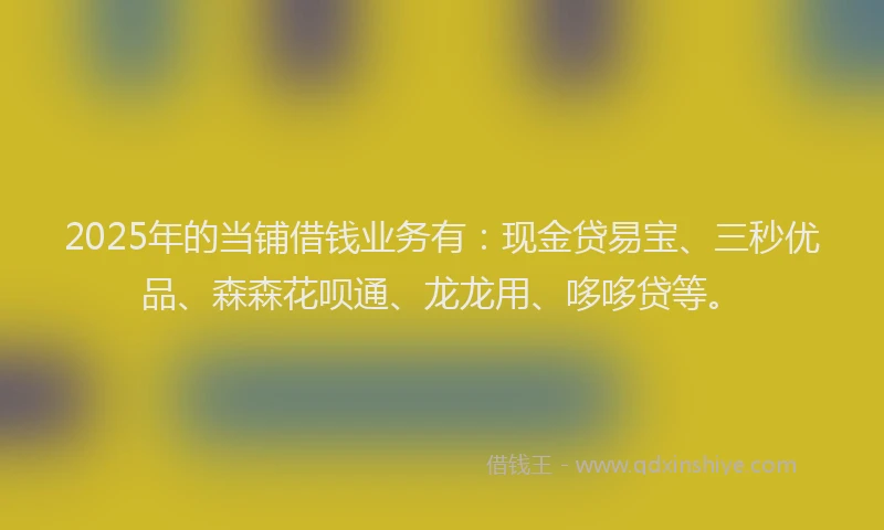 2025年的当铺借钱业务有：现金贷易宝、三秒优品、森森花呗通、龙龙用、哆哆贷等。