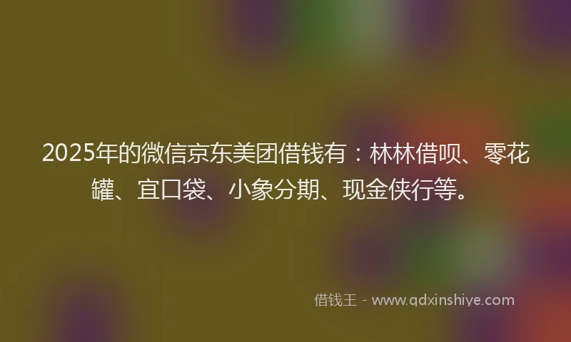 2025年的微信京东美团借钱有：林林借呗、零花罐、宜口袋、小象分期、现金侠行等。