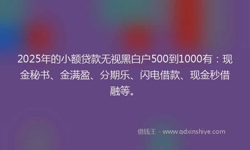 2025年的小额贷款无视黑白户500到1000有：现金秘书、金满盈、分期乐、闪电借款、现金秒借融等。