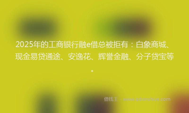 2025年的工商银行融e借总被拒有：白象商城、现金易贷通途、安逸花、辉誉金融、分子贷宝等。