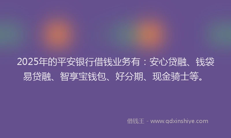 2025年的平安银行借钱业务有：安心贷融、钱袋易贷融、智享宝钱包、好分期、现金骑士等。