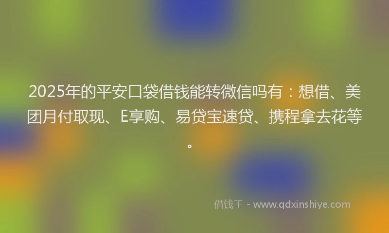 2025年的平安口袋借钱能转微信吗有：想借、美团月付取现、E享购、易贷宝速贷、携程拿去花等。