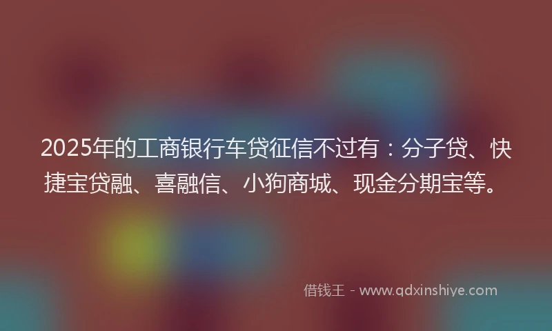 2025年的工商银行车贷征信不过有：分子贷、快捷宝贷融、喜融信、小狗商城、现金分期宝等。