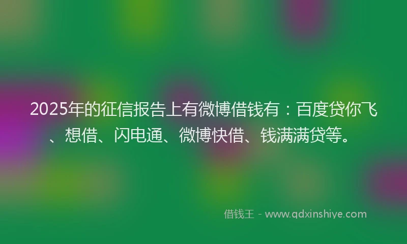 2025年的征信报告上有微博借钱有：百度贷你飞、想借、闪电通、微博快借、钱满满贷等。