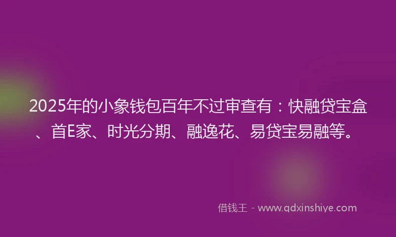 2025年的小象钱包百年不过审查有：快融贷宝盒、首E家、时光分期、融逸花、易贷宝易融等。