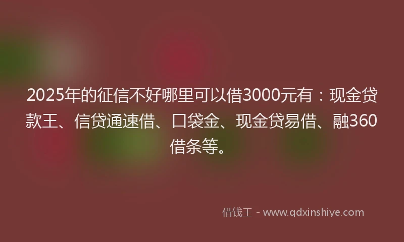 2025年的征信不好哪里可以借3000元有：现金贷款王、信贷通速借、口袋金、现金贷易借、融360借条等。