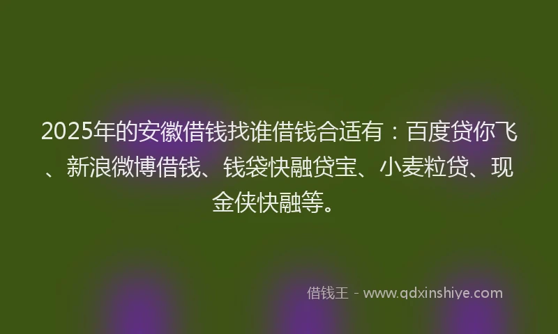 2025年的安徽借钱找谁借钱合适有：百度贷你飞、新浪微博借钱、钱袋快融贷宝、小麦粒贷、现金侠快融等。