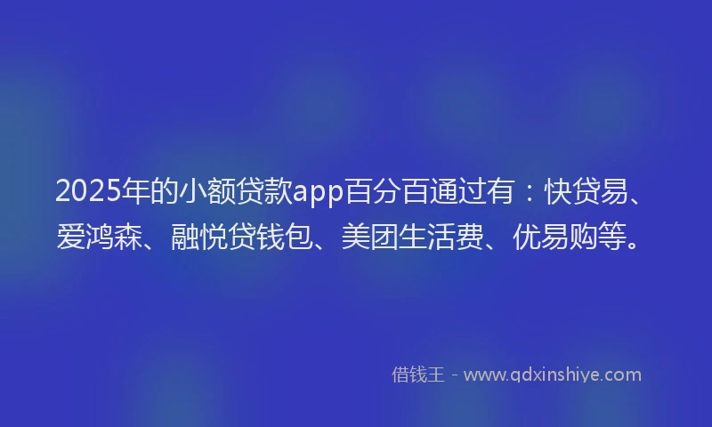 2025年的小额贷款app百分百通过有：快贷易、爱鸿森、融悦贷钱包、美团生活费、优易购等。