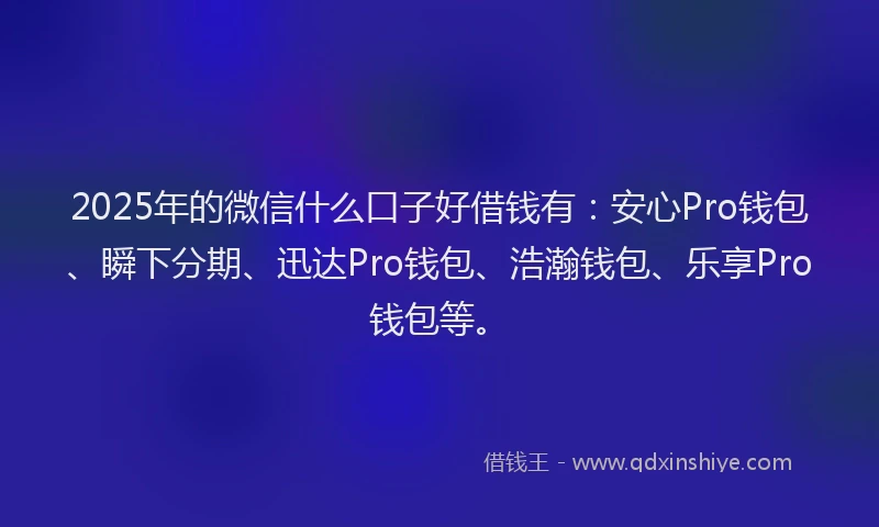 2025年的微信什么口子好借钱有：安心Pro钱包、瞬下分期、迅达Pro钱包、浩瀚钱包、乐享Pro钱包等。