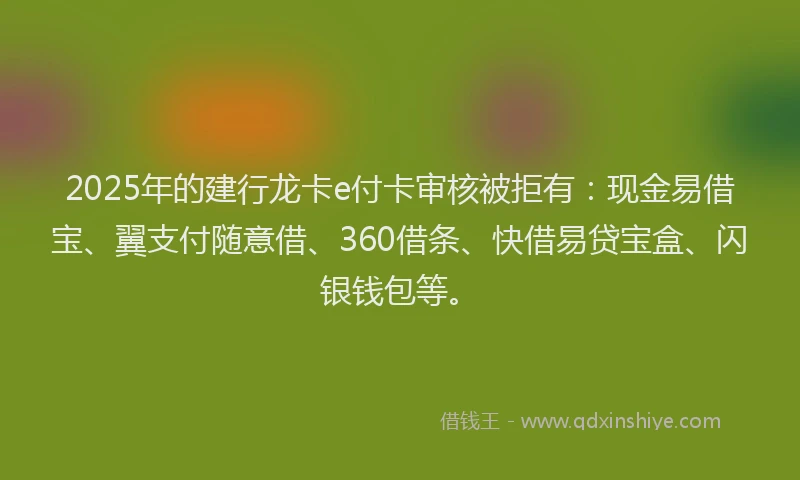 2025年的建行龙卡e付卡审核被拒有：现金易借宝、翼支付随意借、360借条、快借易贷宝盒、闪银钱包等。
