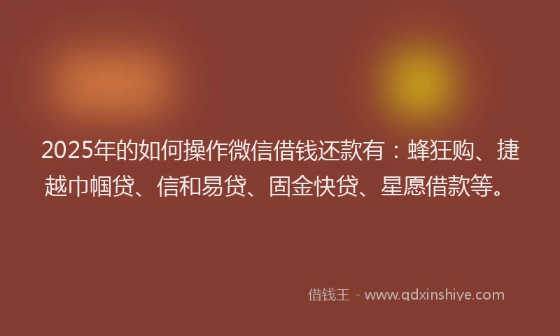 2025年的如何操作微信借钱还款有：蜂狂购、捷越巾帼贷、信和易贷、固金快贷、星愿借款等。