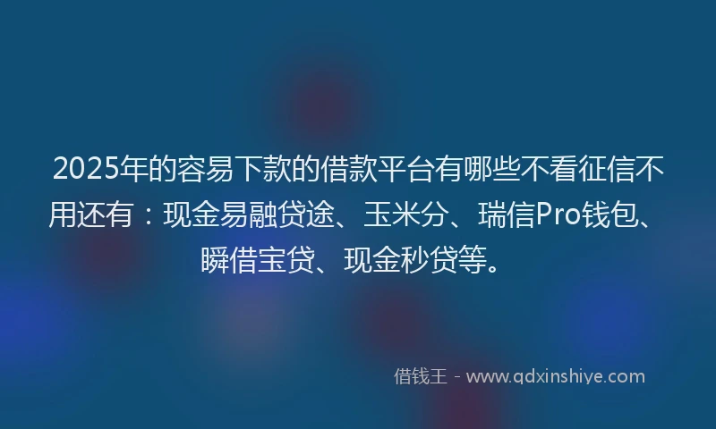 2025年的容易下款的借款平台有哪些不看征信不用还有：现金易融贷途、玉米分、瑞信Pro钱包、瞬借宝贷、现金秒贷等。
