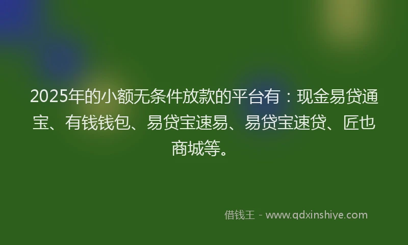 2025年的小额无条件放款的平台有：现金易贷通宝、有钱钱包、易贷宝速易、易贷宝速贷、匠也商城等。