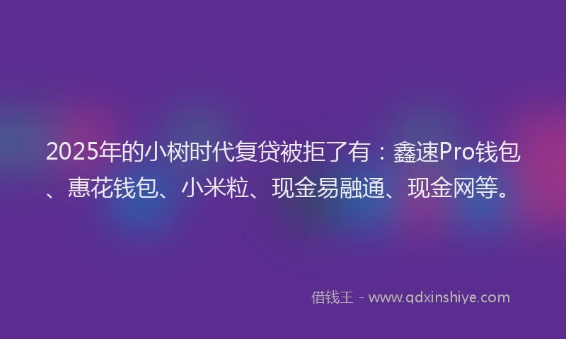 2025年的小树时代复贷被拒了有：鑫速Pro钱包、惠花钱包、小米粒、现金易融通、现金网等。