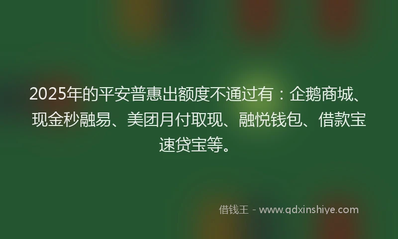 2025年的平安普惠出额度不通过有：企鹅商城、现金秒融易、美团月付取现、融悦钱包、借款宝速贷宝等。