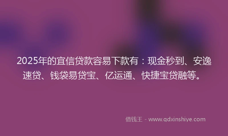 2025年的宜信贷款容易下款有：现金秒到、安逸速贷、钱袋易贷宝、亿运通、快捷宝贷融等。