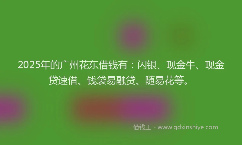 2025年的广州花东借钱有：闪银、现金牛、现金贷速借、钱袋易融贷、随易花等。
