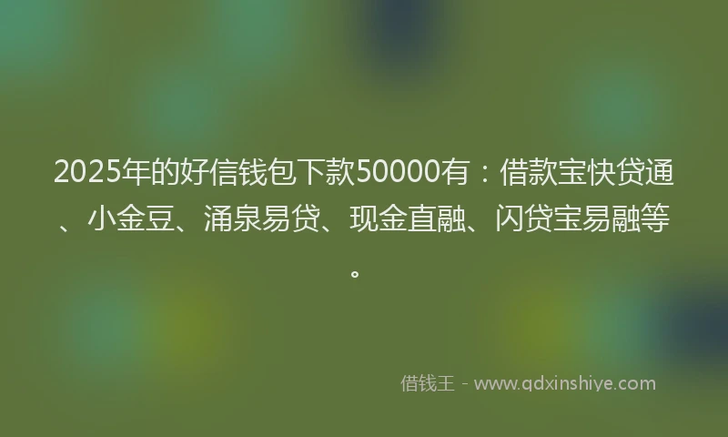 2025年的好信钱包下款50000有：借款宝快贷通、小金豆、涌泉易贷、现金直融、闪贷宝易融等。