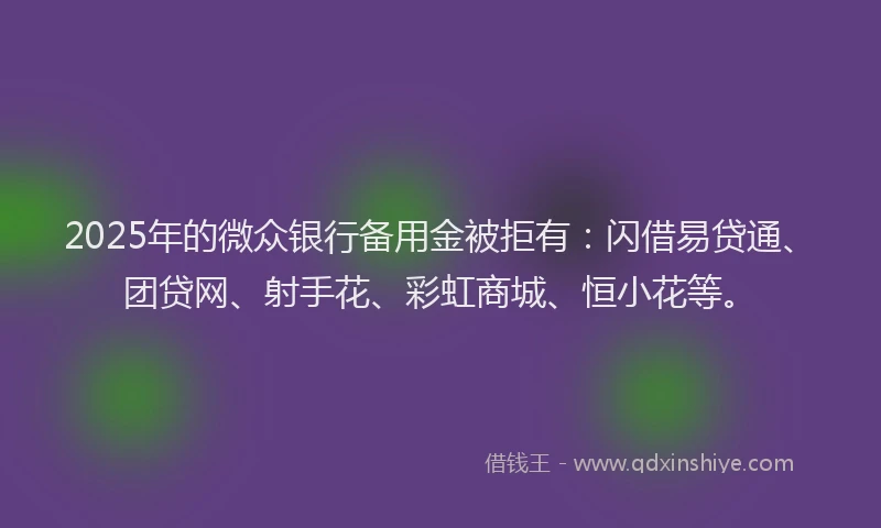 2025年的微众银行备用金被拒有：闪借易贷通、团贷网、射手花、彩虹商城、恒小花等。