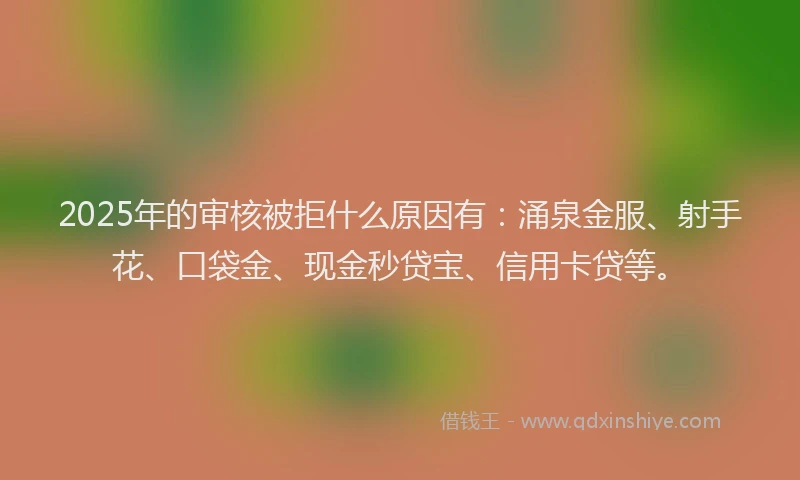 2025年的审核被拒什么原因有：涌泉金服、射手花、口袋金、现金秒贷宝、信用卡贷等。