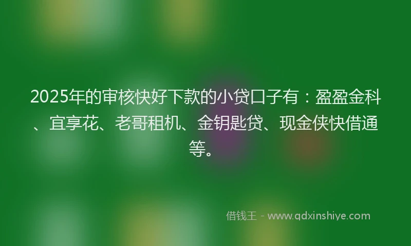 2025年的审核快好下款的小贷口子有：盈盈金科、宜享花、老哥租机、金钥匙贷、现金侠快借通等。