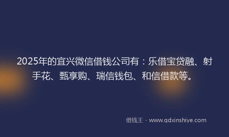 2025年的宜兴微信借钱公司有：乐借宝贷融、射手花、甄享购、瑞信钱包、和信借款等。