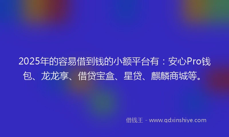 2025年的容易借到钱的小额平台有：安心Pro钱包、龙龙享、借贷宝盒、星贷、麒麟商城等。