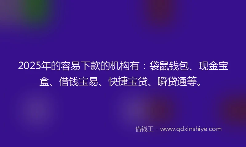 2025年的容易下款的机构有：袋鼠钱包、现金宝盒、借钱宝易、快捷宝贷、瞬贷通等。