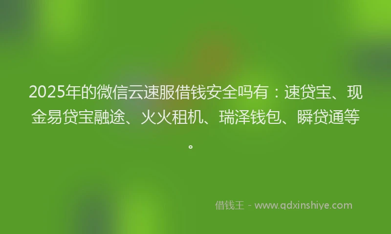 2025年的微信云速服借钱安全吗有：速贷宝、现金易贷宝融途、火火租机、瑞泽钱包、瞬贷通等。