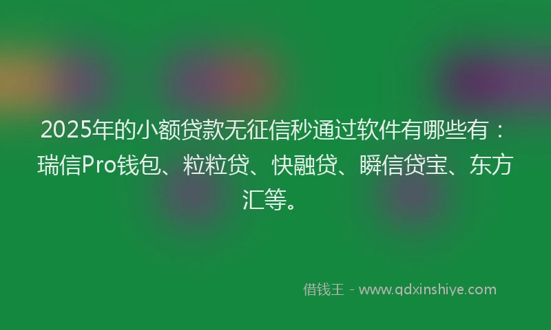 2025年的小额贷款无征信秒通过软件有哪些有：瑞信Pro钱包、粒粒贷、快融贷、瞬信贷宝、东方汇等。