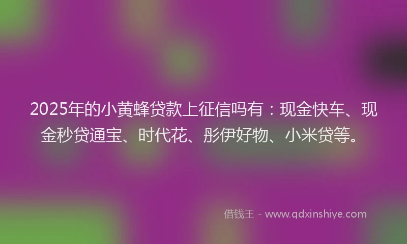 2025年的小黄蜂贷款上征信吗有：现金快车、现金秒贷通宝、时代花、彤伊好物、小米贷等。