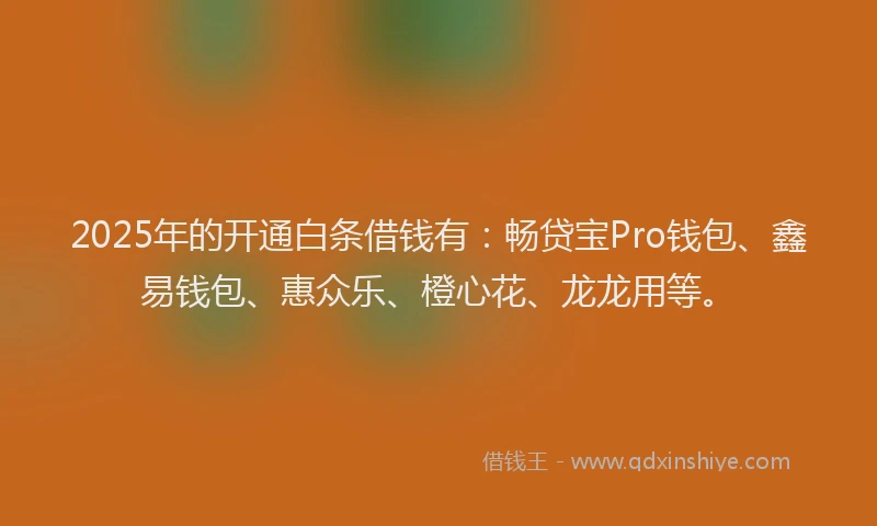 2025年的开通白条借钱有：畅贷宝Pro钱包、鑫易钱包、惠众乐、橙心花、龙龙用等。