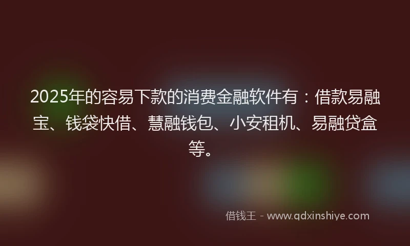 2025年的容易下款的消费金融软件有：借款易融宝、钱袋快借、慧融钱包、小安租机、易融贷盒等。