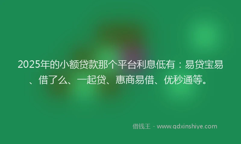 2025年的小额贷款那个平台利息低有：易贷宝易、借了么、一起贷、惠商易借、优秒通等。
