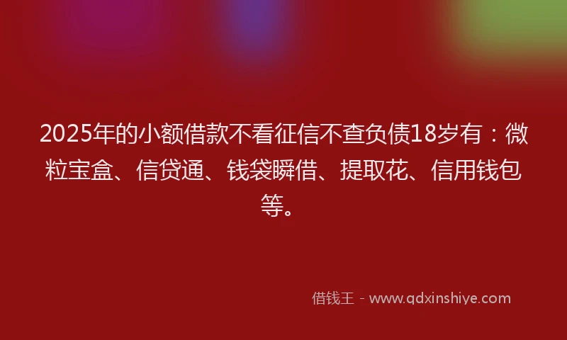 2025年的小额借款不看征信不查负债18岁有：微粒宝盒、信贷通、钱袋瞬借、提取花、信用钱包等。