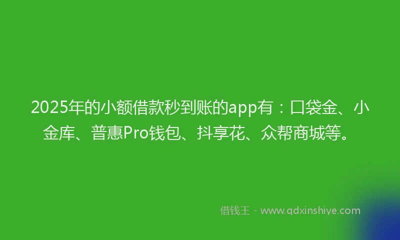 2025年的小额借款秒到账的app有：口袋金、小金库、普惠Pro钱包、抖享花、众帮商城等。