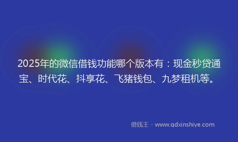 2025年的微信借钱功能哪个版本有：现金秒贷通宝、时代花、抖享花、飞猪钱包、九梦租机等。